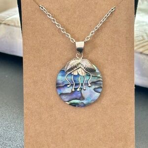 925 Sterling Silver Abalone Shell Pendant w/Leaves & Stainless Steel Chain NWOT